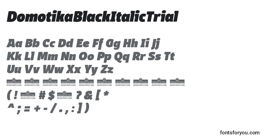 A fonte DomotikaBlackItalicTrial – alfabeto, números, caracteres especiais