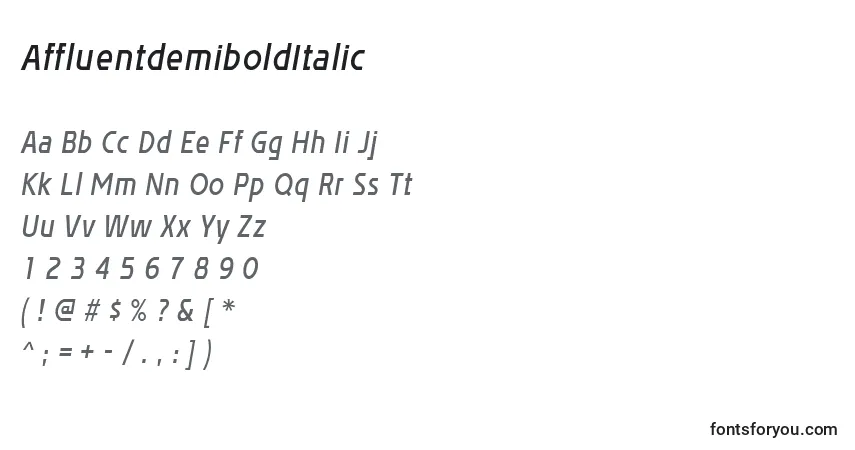 Schriftart AffluentdemiboldItalic – Alphabet, Zahlen, spezielle Symbole