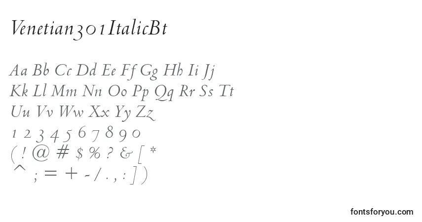 Czcionka Venetian301ItalicBt – alfabet, cyfry, specjalne znaki
