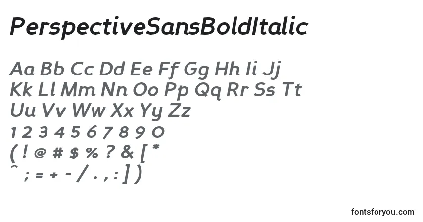 Czcionka PerspectiveSansBoldItalic – alfabet, cyfry, specjalne znaki