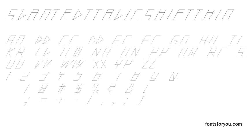 Schriftart SlantedItalicShiftThin – Alphabet, Zahlen, spezielle Symbole