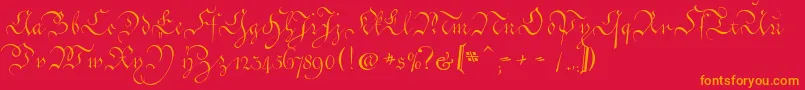 CoentgenKanzleyAufrecht-Schriftart – Orangefarbene Schriften auf rotem Hintergrund