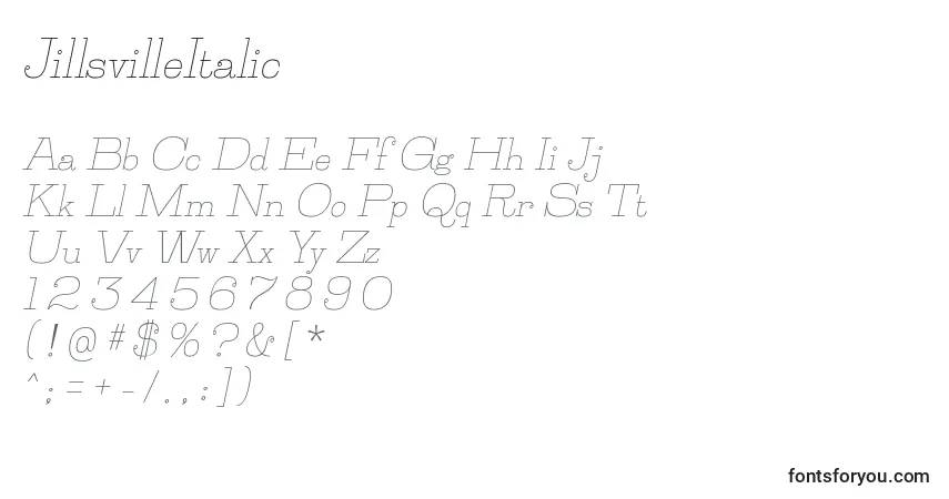 Czcionka JillsvilleItalic – alfabet, cyfry, specjalne znaki