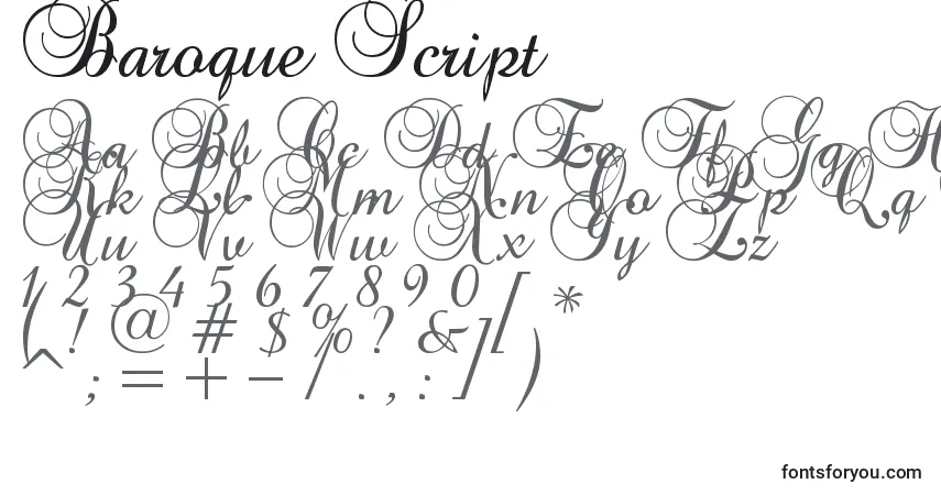 Baroque Script-fontti – aakkoset, numerot, erikoismerkit