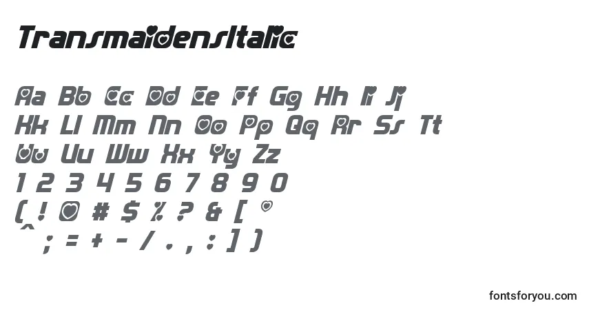 Schriftart TransmaidensItalic – Alphabet, Zahlen, spezielle Symbole