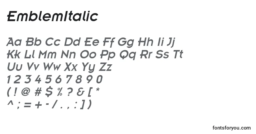 Czcionka EmblemItalic – alfabet, cyfry, specjalne znaki