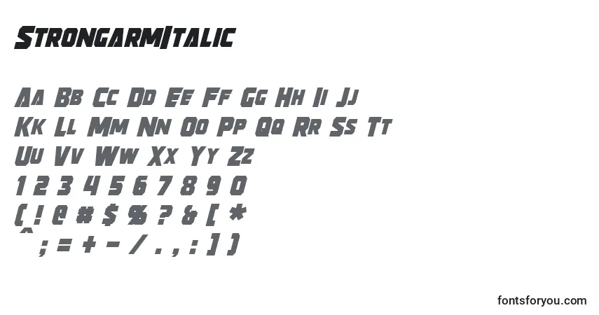 Schriftart StrongarmItalic – Alphabet, Zahlen, spezielle Symbole