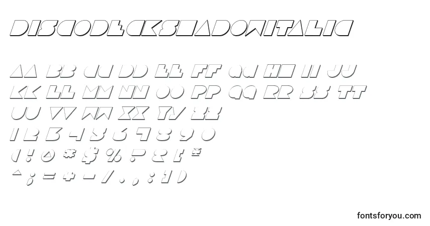Czcionka DiscoDeckShadowItalic – alfabet, cyfry, specjalne znaki