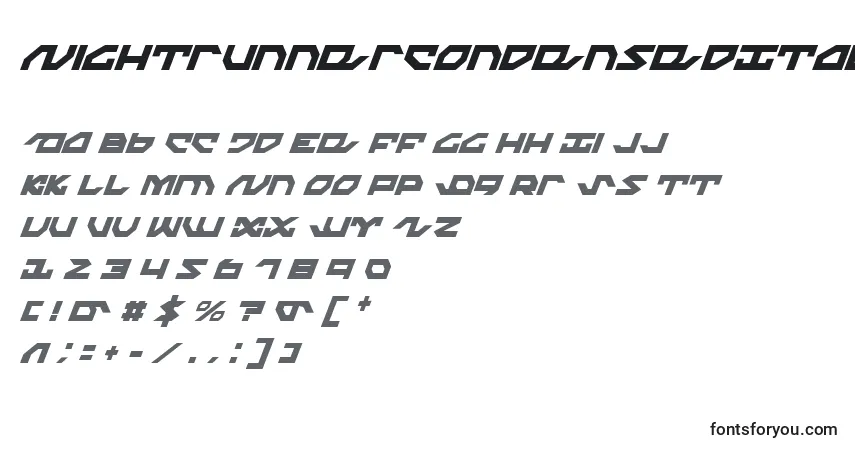 Шрифт NightrunnerCondensedItalic – алфавит, цифры, специальные символы