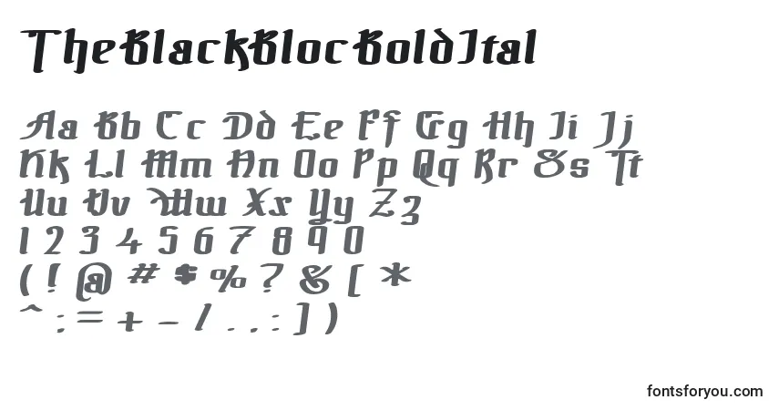 Schriftart TheBlackBlocBoldItal – Alphabet, Zahlen, spezielle Symbole