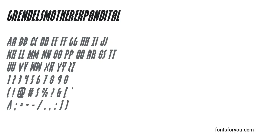 Шрифт Grendelsmotherexpandital – алфавит, цифры, специальные символы