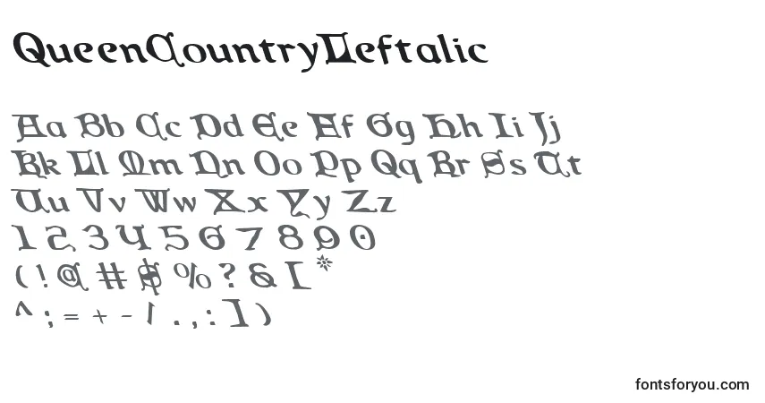 QueenCountryLeftalicフォント–アルファベット、数字、特殊文字