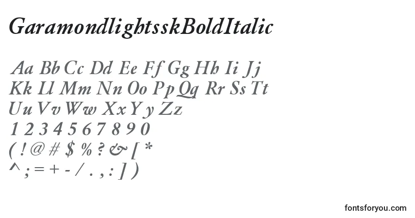 A fonte GaramondlightsskBoldItalic – alfabeto, números, caracteres especiais