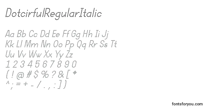 Czcionka DotcirfulRegularItalic – alfabet, cyfry, specjalne znaki