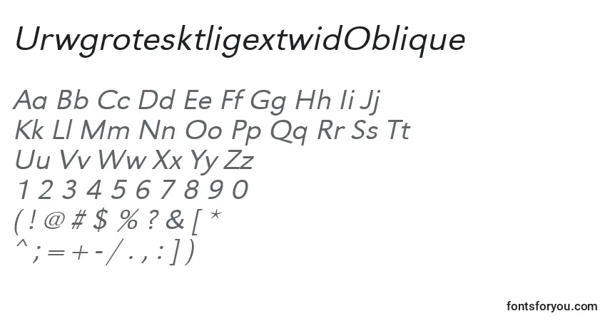 Шрифт UrwgrotesktligextwidOblique – алфавит, цифры, специальные символы