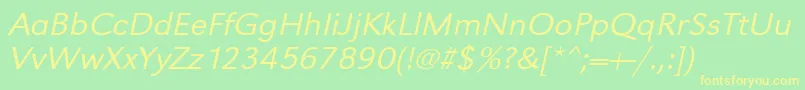 フォントUrwgrotesktligextwidOblique – 黄色の文字が緑の背景にあります