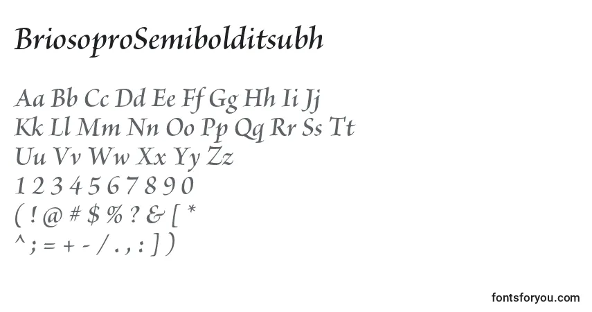 Czcionka BriosoproSemibolditsubh – alfabet, cyfry, specjalne znaki