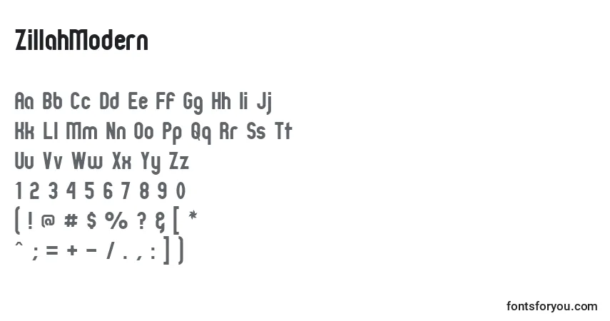 Czcionka ZillahModern – alfabet, cyfry, specjalne znaki
