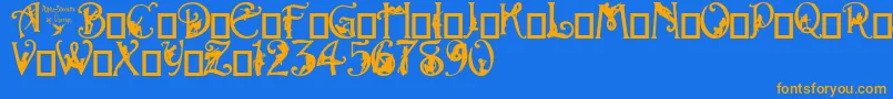 フォントAlphaSilouette – オレンジ色の文字が青い背景にあります。