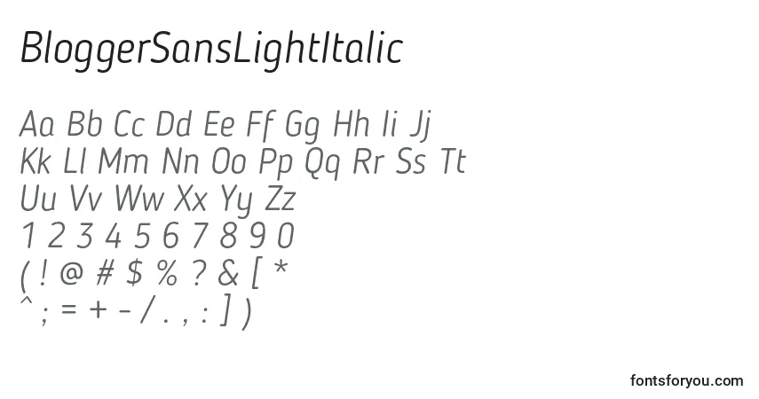 A fonte BloggerSansLightItalic – alfabeto, números, caracteres especiais