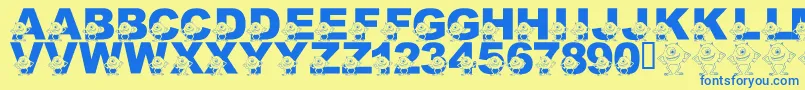 フォントLmsGooglyBear – 青い文字が黄色の背景にあります。