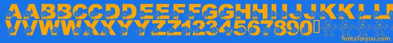 フォントLmsGooglyBear – オレンジ色の文字が青い背景にあります。