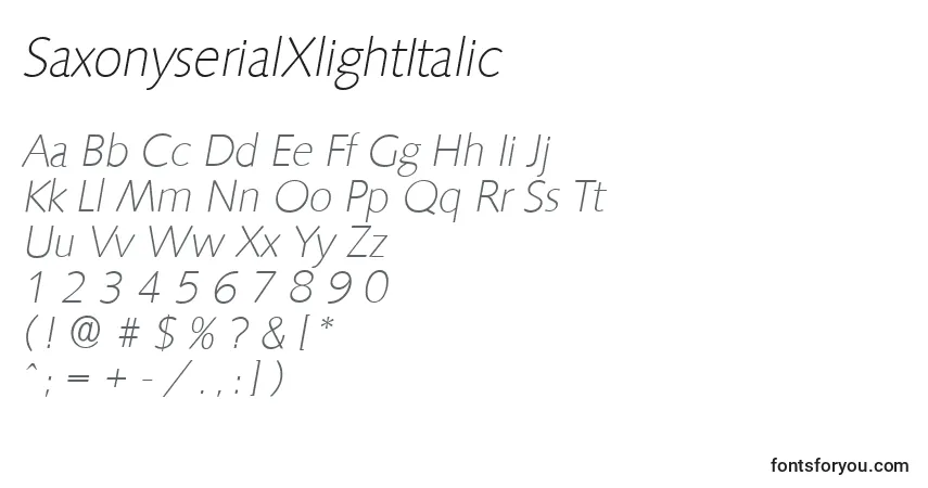 A fonte SaxonyserialXlightItalic – alfabeto, números, caracteres especiais