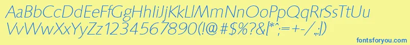 Fonte SaxonyserialXlightItalic – fontes azuis em um fundo amarelo