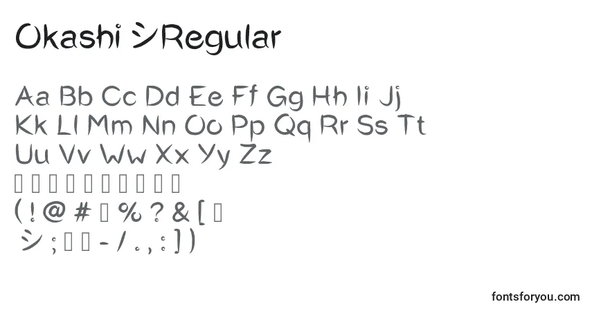 Czcionka Okashi^Regular – alfabet, cyfry, specjalne znaki
