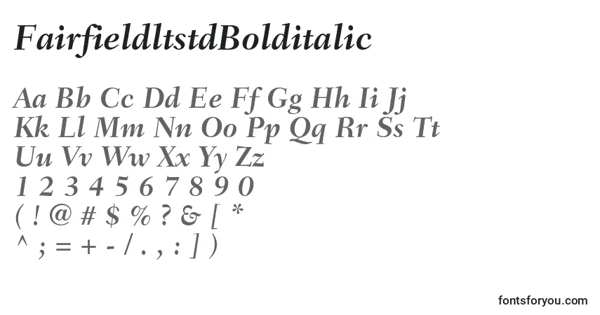 Шрифт FairfieldltstdBolditalic – алфавит, цифры, специальные символы