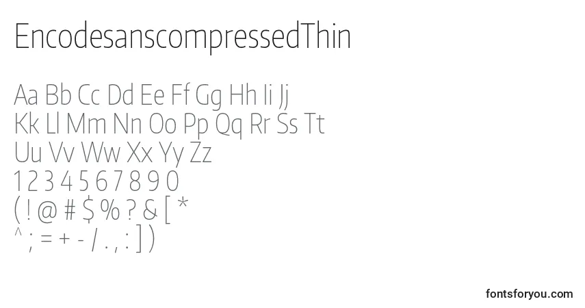 Czcionka EncodesanscompressedThin – alfabet, cyfry, specjalne znaki