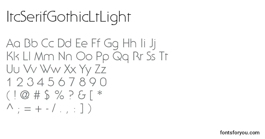 Czcionka ItcSerifGothicLtLight – alfabet, cyfry, specjalne znaki