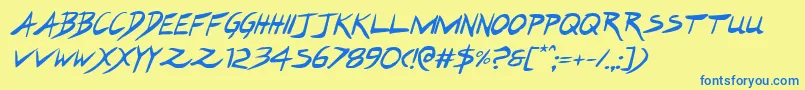 フォントHakturusital – 青い文字が黄色の背景にあります。