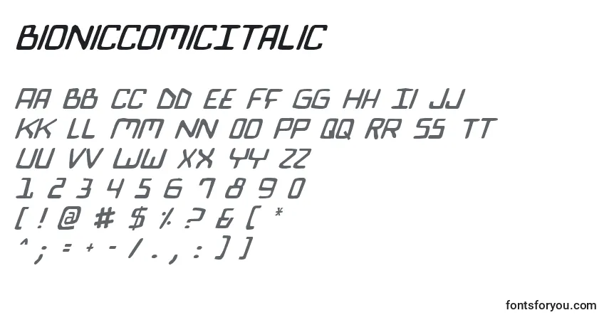 A fonte BionicComicItalic – alfabeto, números, caracteres especiais