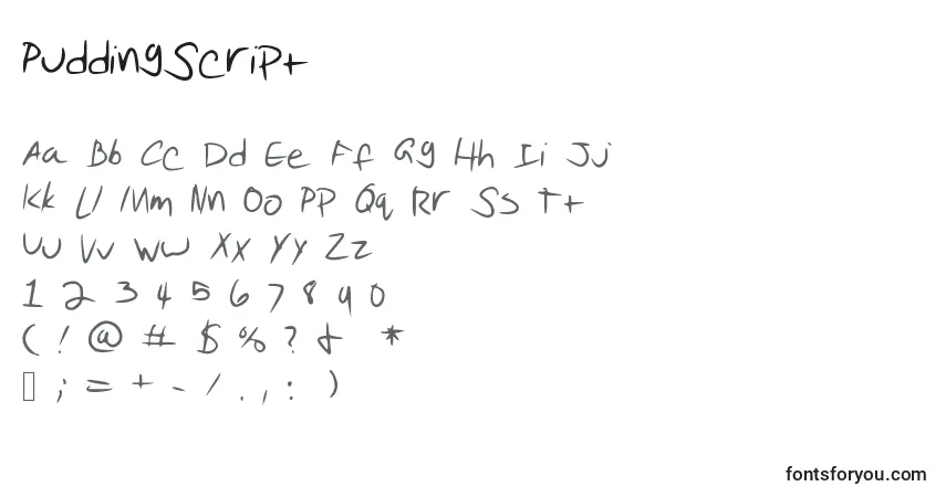 Czcionka PuddingScript – alfabet, cyfry, specjalne znaki