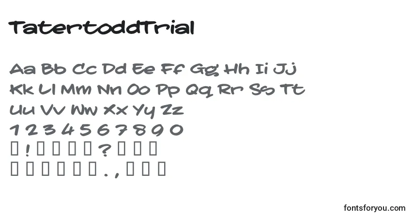 Czcionka TatertoddTrial – alfabet, cyfry, specjalne znaki