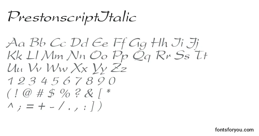 Schriftart PrestonscriptItalic – Alphabet, Zahlen, spezielle Symbole