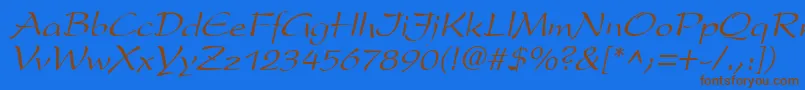 フォントPrestonscriptItalic – 茶色の文字が青い背景にあります。