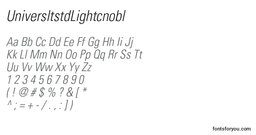 A fonte UniversltstdLightcnobl – alfabeto, números, caracteres especiais