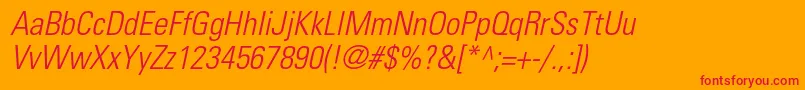 UniversltstdLightcnobl-Schriftart – Rote Schriften auf orangefarbenem Hintergrund