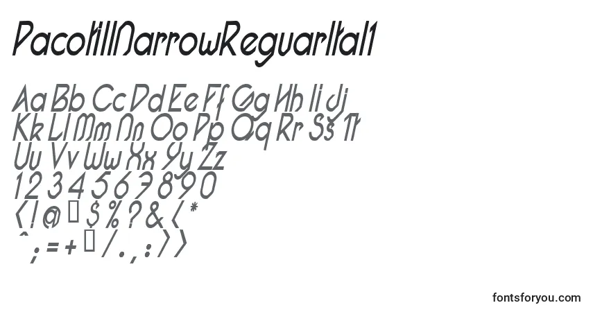 A fonte PacotillNarrowReguarItal1 – alfabeto, números, caracteres especiais