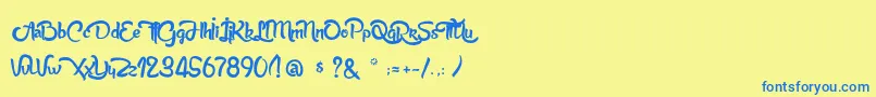 フォントAnabelleScriptLight – 青い文字が黄色の背景にあります。
