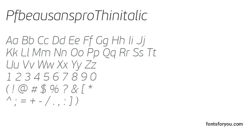 A fonte PfbeausansproThinitalic – alfabeto, números, caracteres especiais