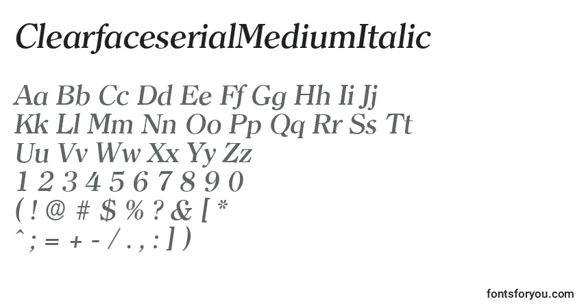 ClearfaceserialMediumItalic-fontti – aakkoset, numerot, erikoismerkit