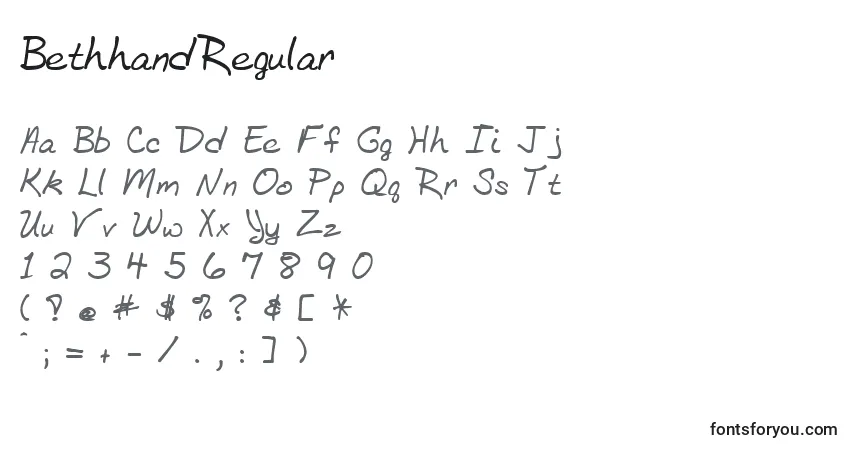 Czcionka BethhandRegular – alfabet, cyfry, specjalne znaki