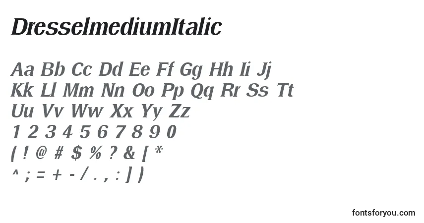 Шрифт DresselmediumItalic – алфавит, цифры, специальные символы
