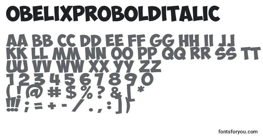 A fonte ObelixProBoldItalic – alfabeto, números, caracteres especiais