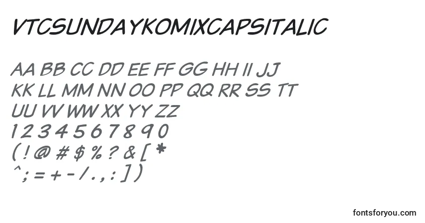Шрифт Vtcsundaykomixcapsitalic – алфавит, цифры, специальные символы