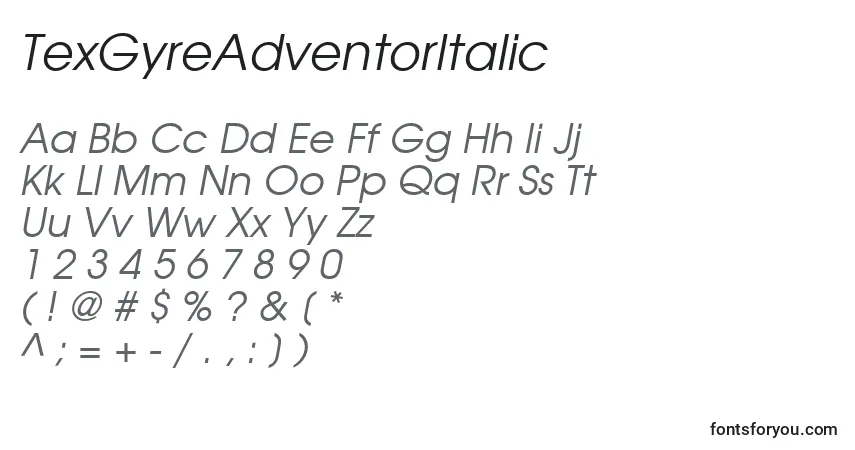 Шрифт TexGyreAdventorItalic – алфавит, цифры, специальные символы