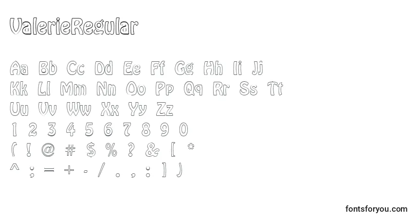 Schriftart ValerieRegular – Alphabet, Zahlen, spezielle Symbole